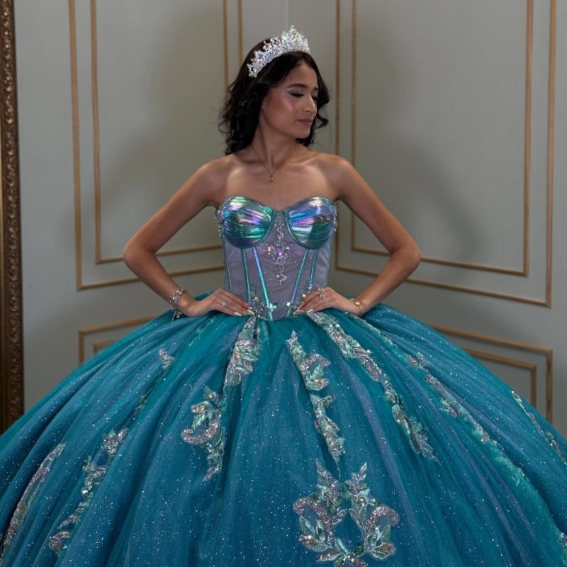 Blue Shiny Quinceanera Dresses Off The Shoulder Applique Lace Beading Crystal Tull Corset Ball Gown Vestidos De 15 Anos Sweet 16 Dress