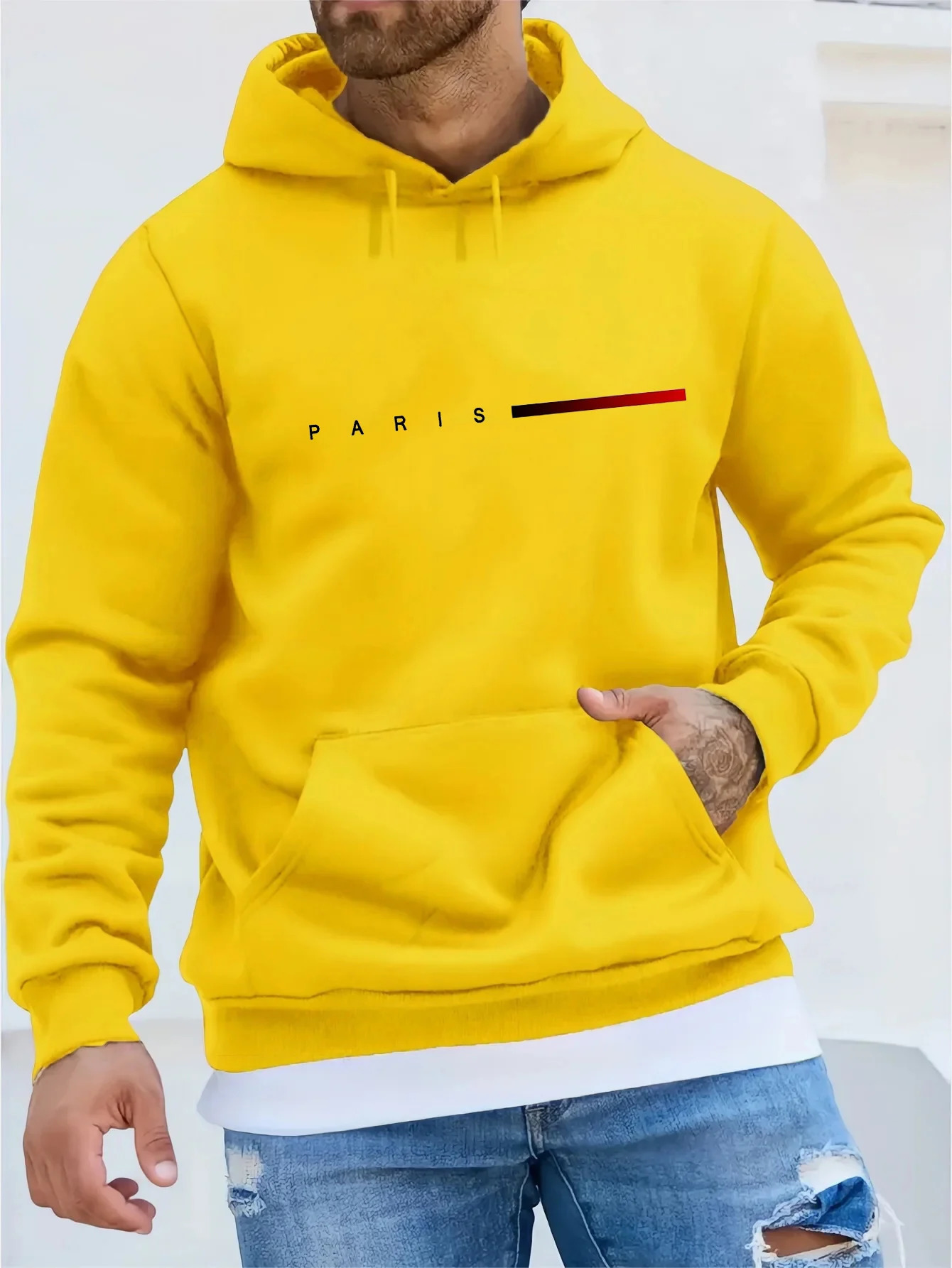 Mens autumn and winter casual fashion loose plus size Paris letter printed fleece warm pullover long sleeved hooded sweatshirt 250807