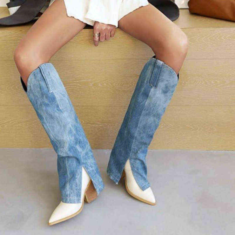 Fashionable Large Size Cowgirl-Inspired Ladies' Ankle Boots: Classic Blue Jeans & Spiked Stiletto Heels