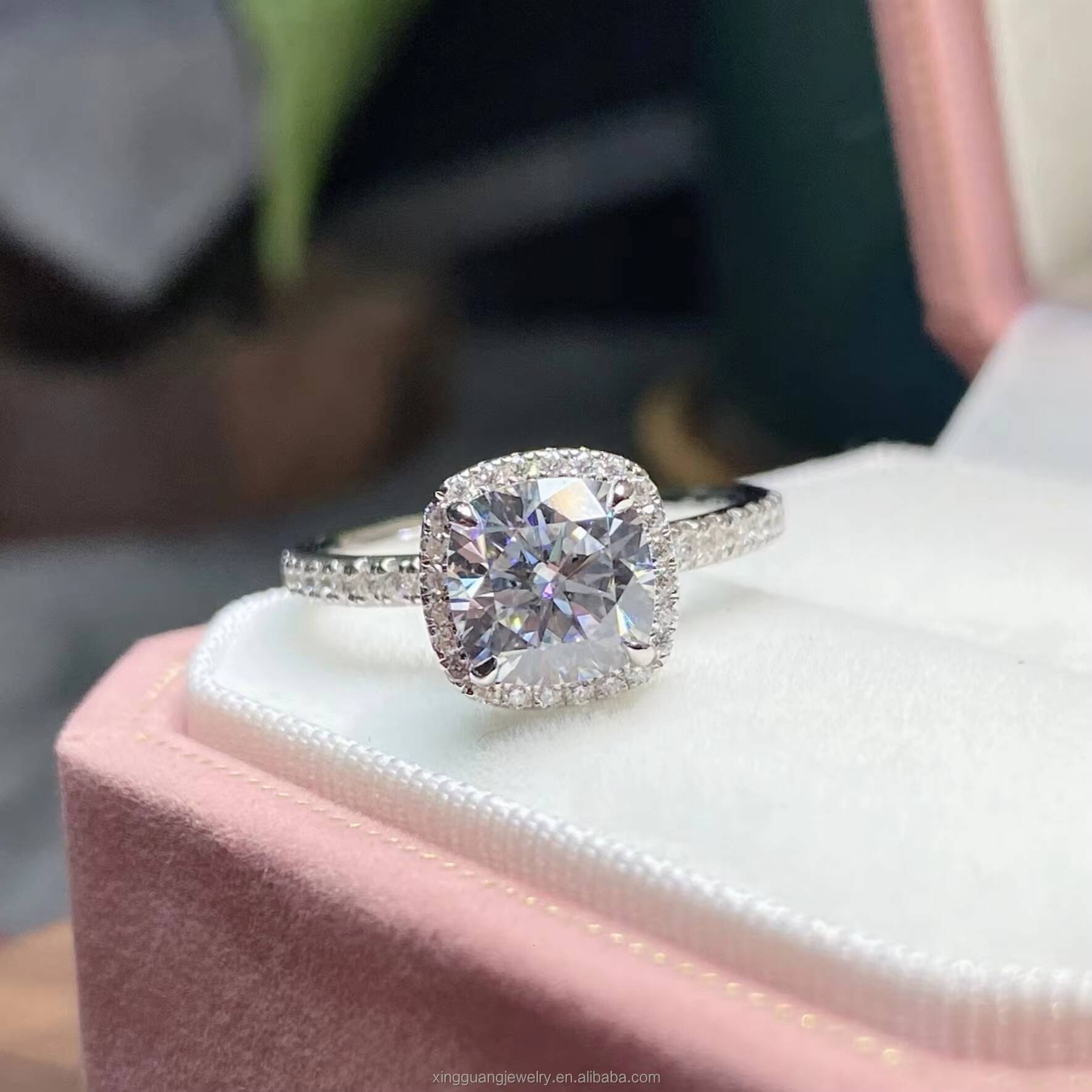 XingGuang Women Engagement Ring 18K White Gold Fine Jewelry 3CT Cushion Cut Halo Diamond Style VVS Moissanite Ring