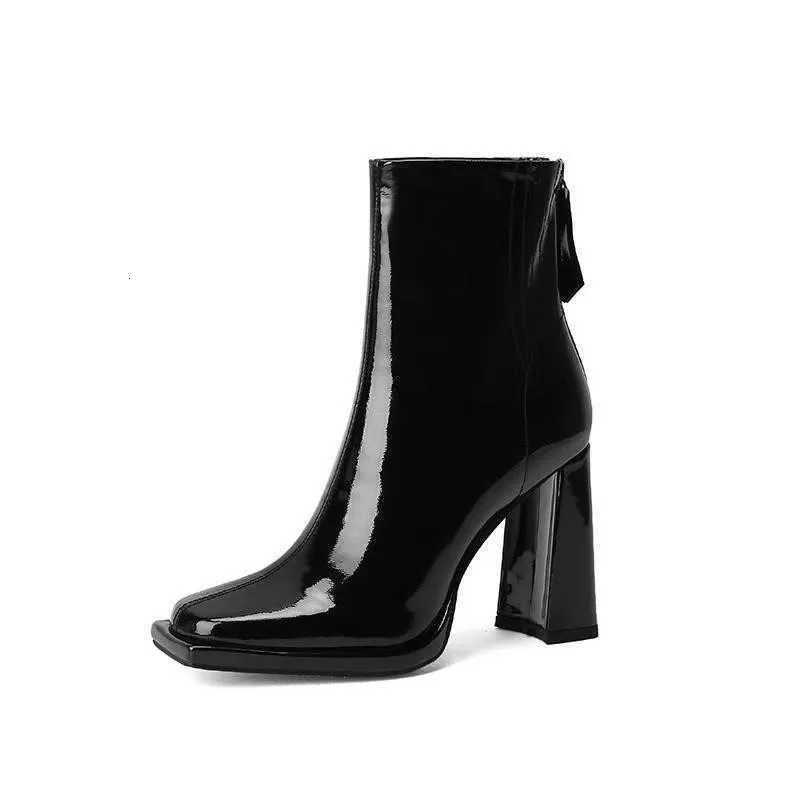 2025 New Autumn Winter Ankle Boots Women High Heel Boots Thick Heel Short Boots Square Shoes Black Shoes XJ250807