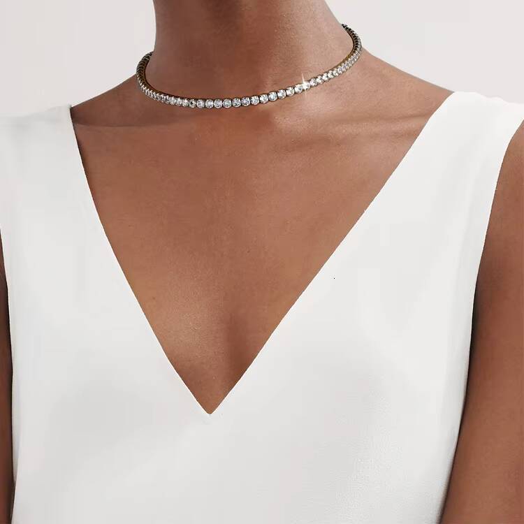 RINNTIN SC47 925 Solid Sterling Silver Tennis Necklace for Women 3mm Round Moissanite Tennis Neck