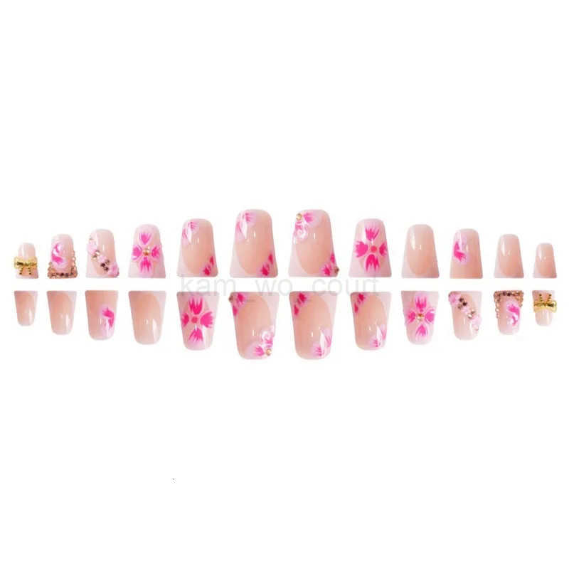 24Pcs Summer Trendy Duckbill Fake Nails 3D Floral Press-on Nails French Design Golden Rhinestone Bow Decor Acrylic False Nails M250807