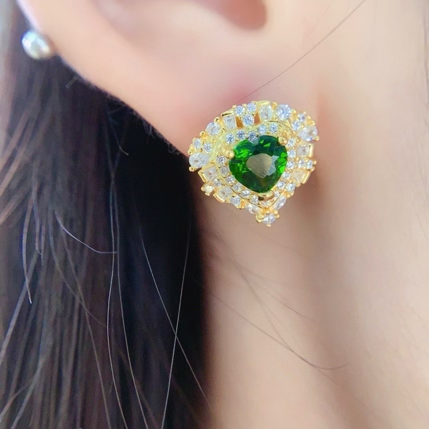 Forest green diopside stud earrings 6mm heart shape natural diopside jewelry allergy free 925 silver earrings for wedding