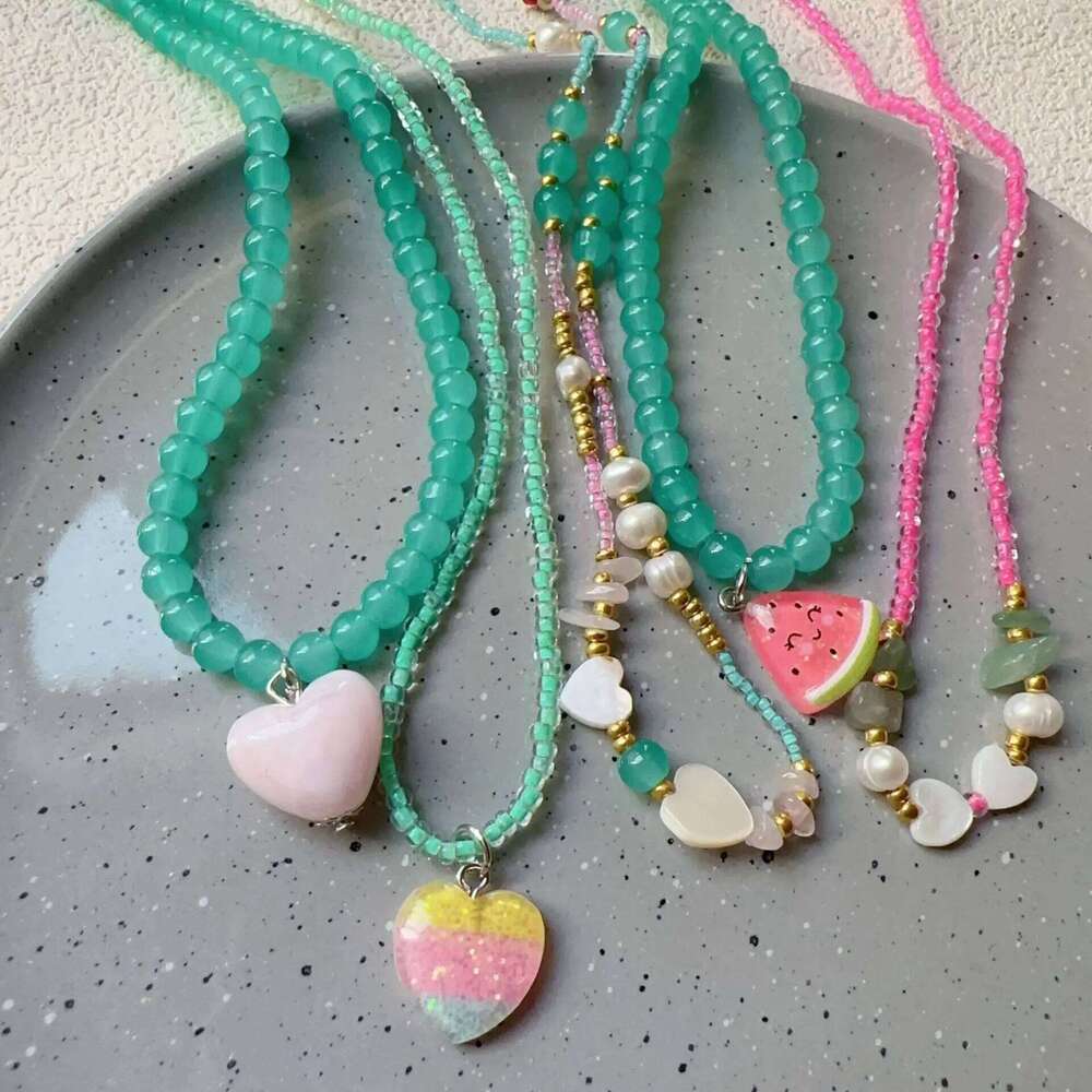 Kpop Fashion Cute Summer Y2k Heart Pendant Beaded Necklace For Woman Egirl Aesthetic Jewelry EMO Goth Vintage Scene Accessories