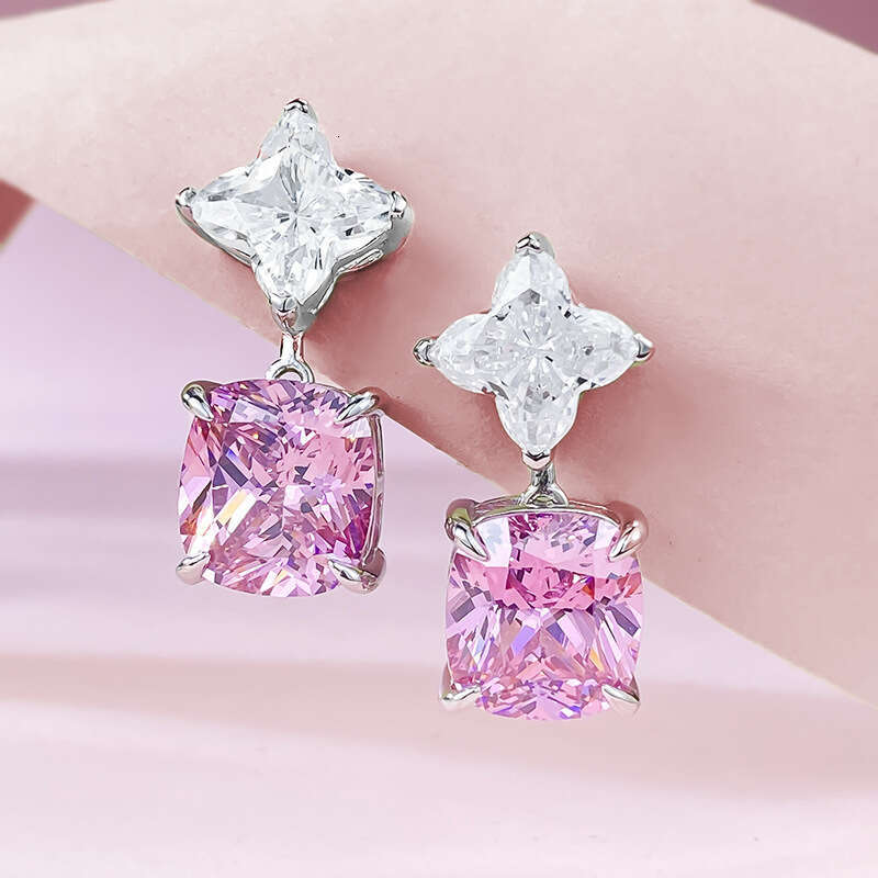 Mujing Jewelry S Sier New High Carbon 10*11 Fat Square Inlaid Pink Dia Earrings Elegant Style