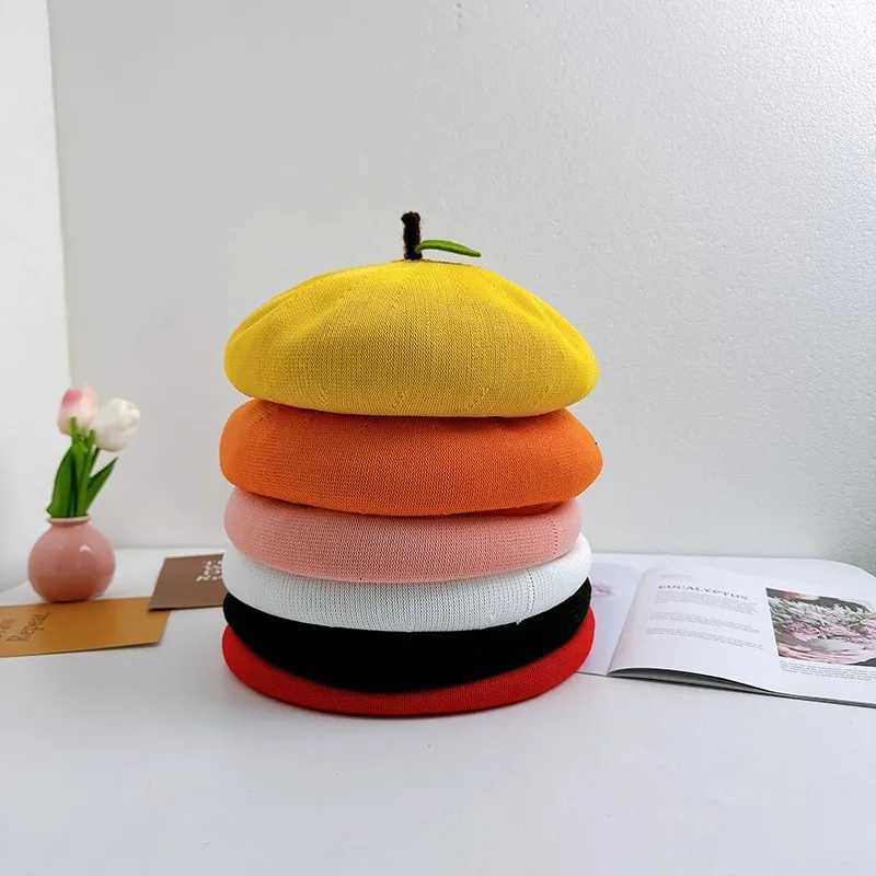 1 Cute Japanese Style Soft Girl Beret with a Big Orange Womens Summer Cotton Yarn Breathable Versatile Fresh Fruit Painter Hat XJ250807