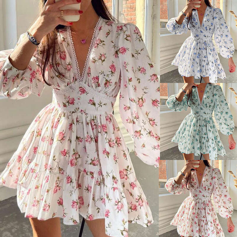 Spring New Women's Sweet Printed V-Neck Lace Short Sleeve Pleated Dress B5 h7