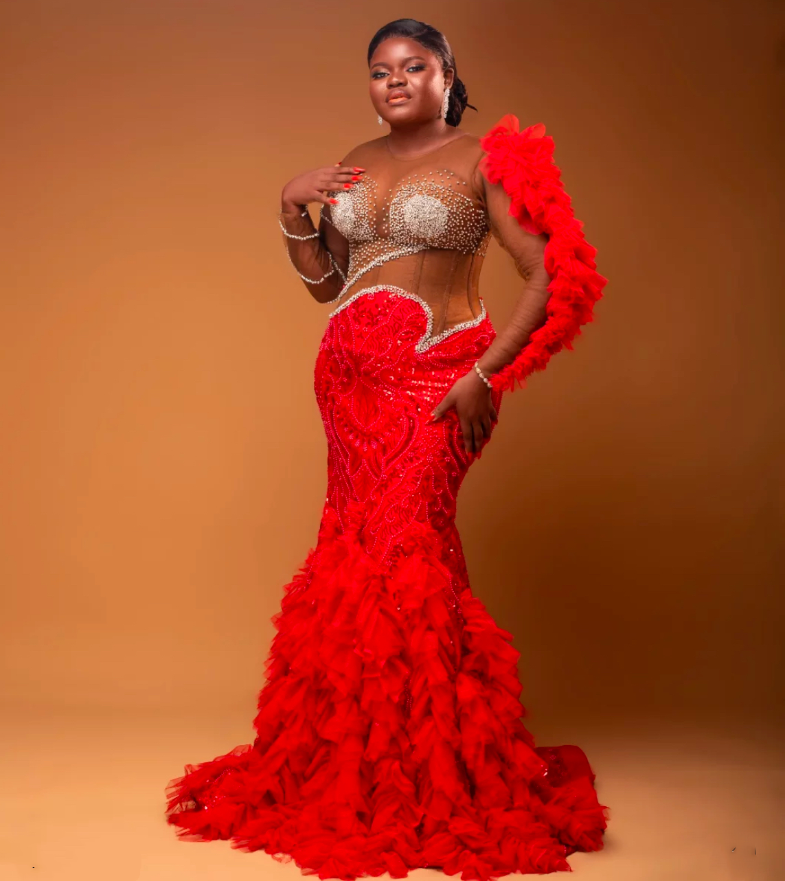Red Mermaid Prom Dresses 2025 Beaded Illusion Sequined Tiers Evening Formal Party Second Birthday Engagement Gowns Plus Size Dress For Special Occasio