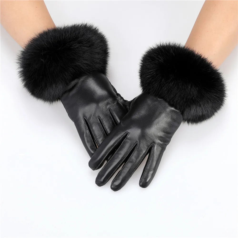 Arrival Wholesale Womens Real Sheepskin Leather Gloves With Rabbit Fur Cuffs Female Cycling Warm gloves Fleece Lining 250806