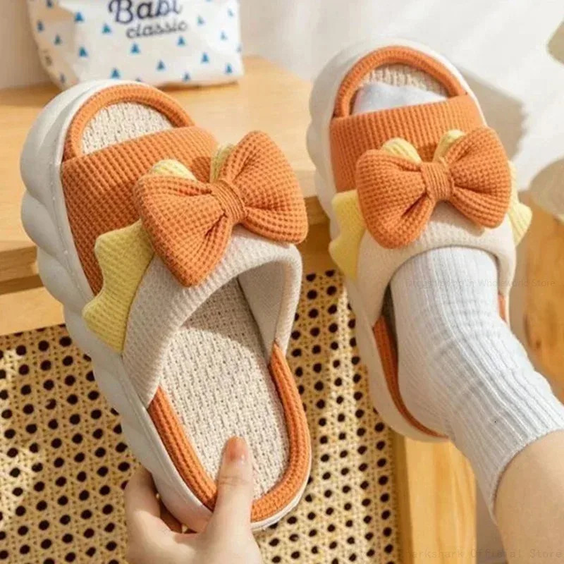 Linen Slippers Women Indoor Slippers Comzy -Slip House Cotton Shoes Cute Bowknot Flat Slipper Couples Slides 250805