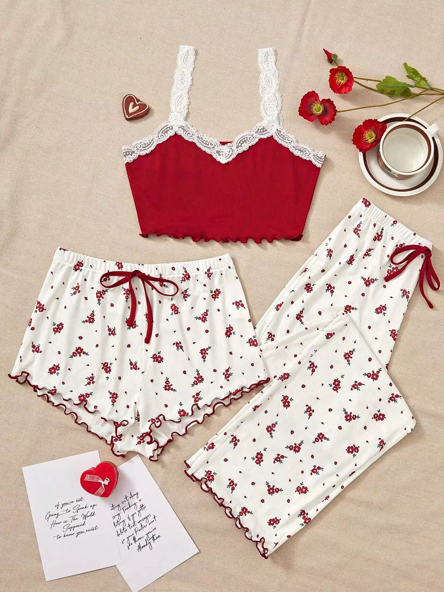 B1009-Home wear suit with lace and sexy camisole top, short pants, three-piece pajamas for women
