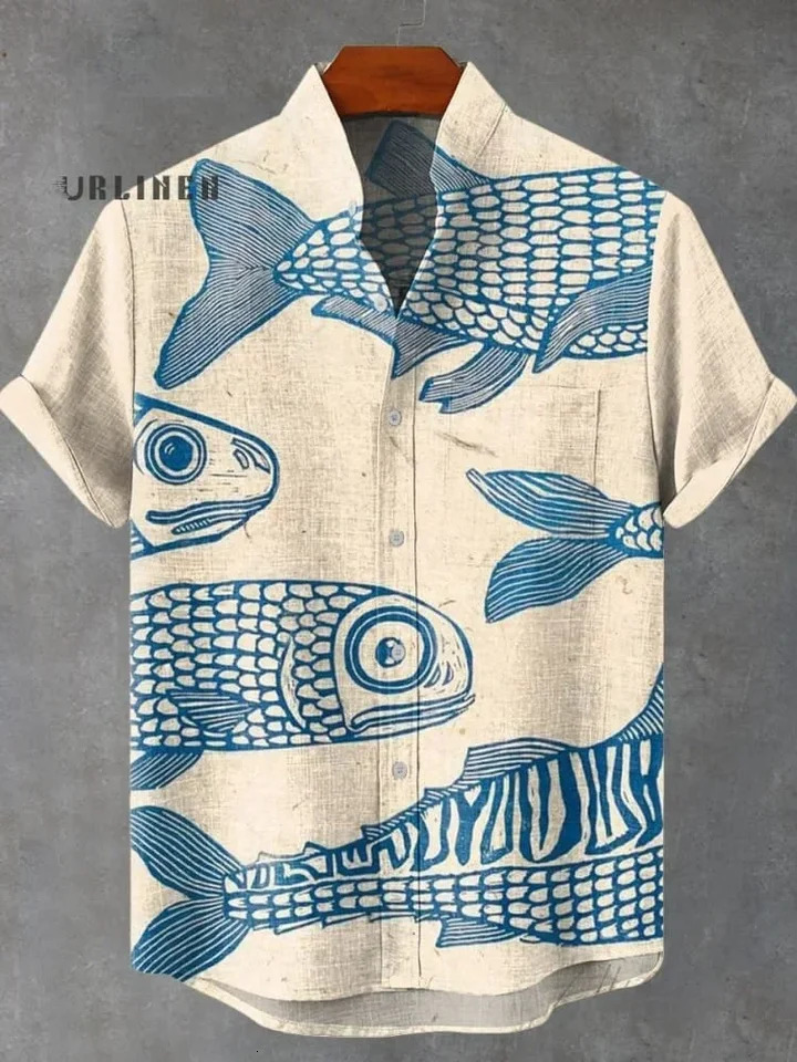2025 Summer Blue Fish Line Retro 3D Printed Casual Fashion Mens Short sleeved Stand up Collar Shirt 250807