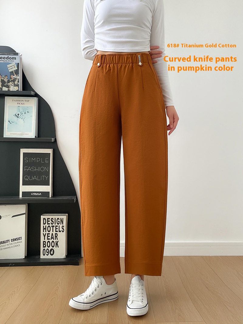 618# Titanium Gold Cotton Curved Knife Pants Elastic Waist Design Slimming and Leg-Lengthening Straight Leg Pants