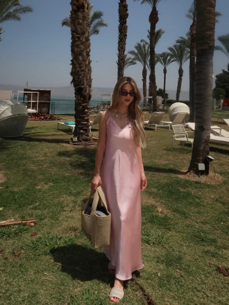 Women Off Shoulder Pink Satin Maxi Dresses Fashion Sleeveless Backless Bodycon Hollow Out Gowns Female Evening Party Robes 2025 250806