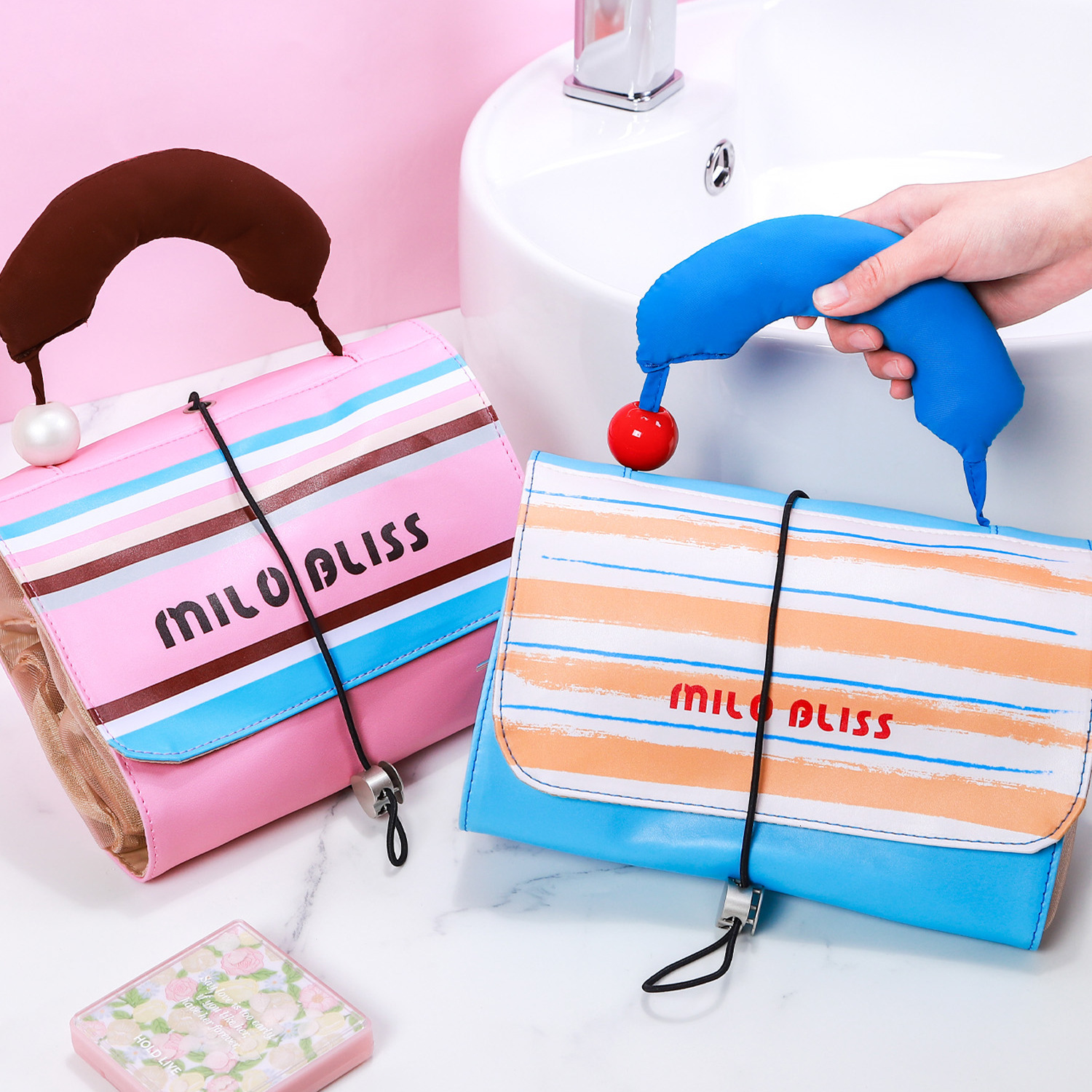 Free Shipping Designer Luxury Women's Makeup Bag Large Capacity Handbag Cute Color-block Striped Handheld Waterproof Toiletry Bag Storage Bag