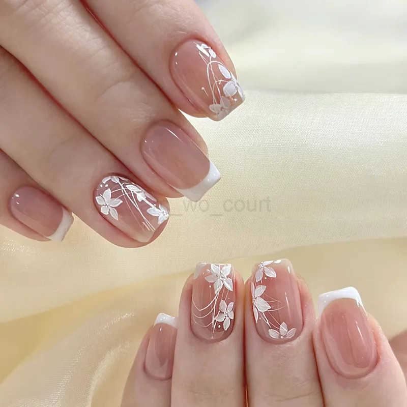 24pcs Nude Pink False Nails Patches 3D Bowknots Flower Press On Nails New Wearable White French Style Fake Nail Tips M250807