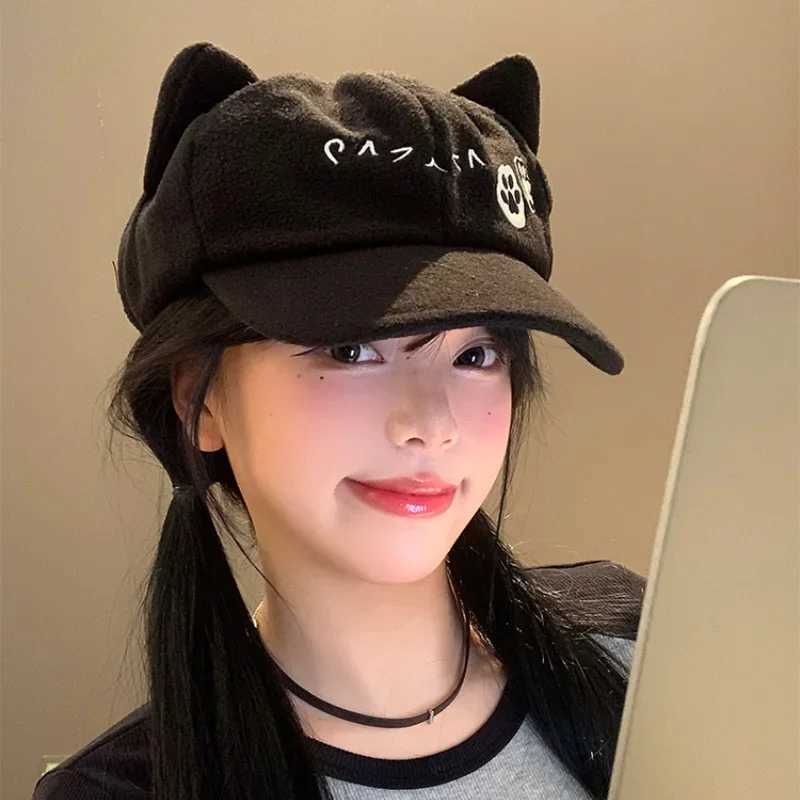 Janese Cute Cat Ears Berets Cs for Women Summer Autumn Travel Versatile Sunscreen Casual Retro Black Newsboy Hats Y2k XJ250807