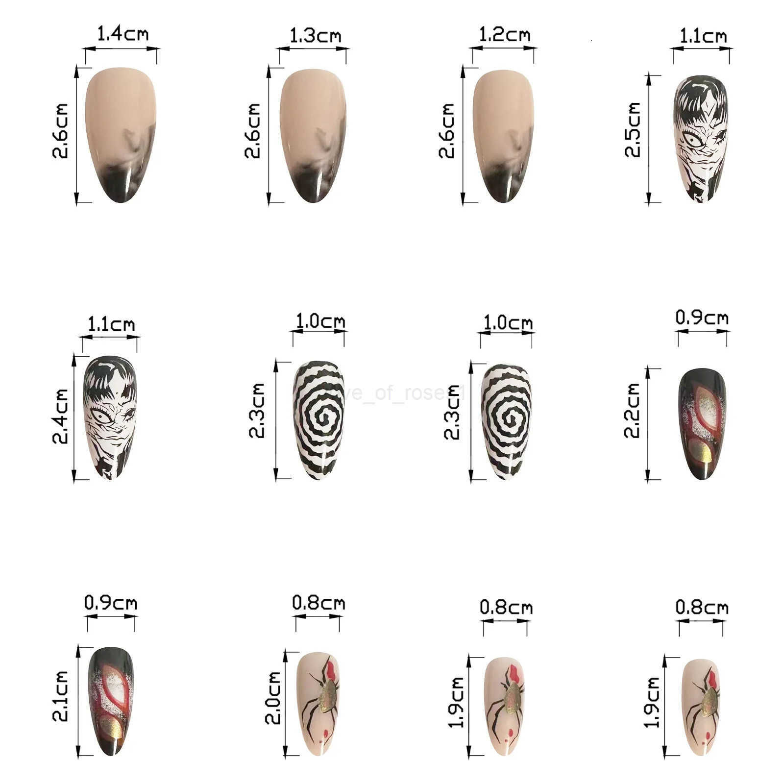 24PCS/Set Almond Pointed Kawakami Tomie Press-on Nails Wearable Artificial Advanced Japanese Comics Pattern Fake Nails for Women Z250807