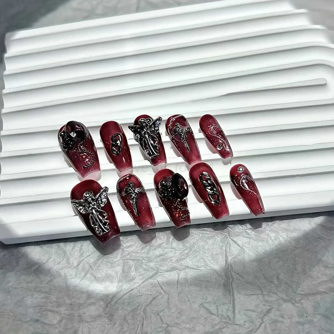 10 Pieces Sweet Cool Dark Style Handmade Wearable Nails Star River Falls Nail Art Patches Scarlet Angel Halloween Fake Nails Z250807
