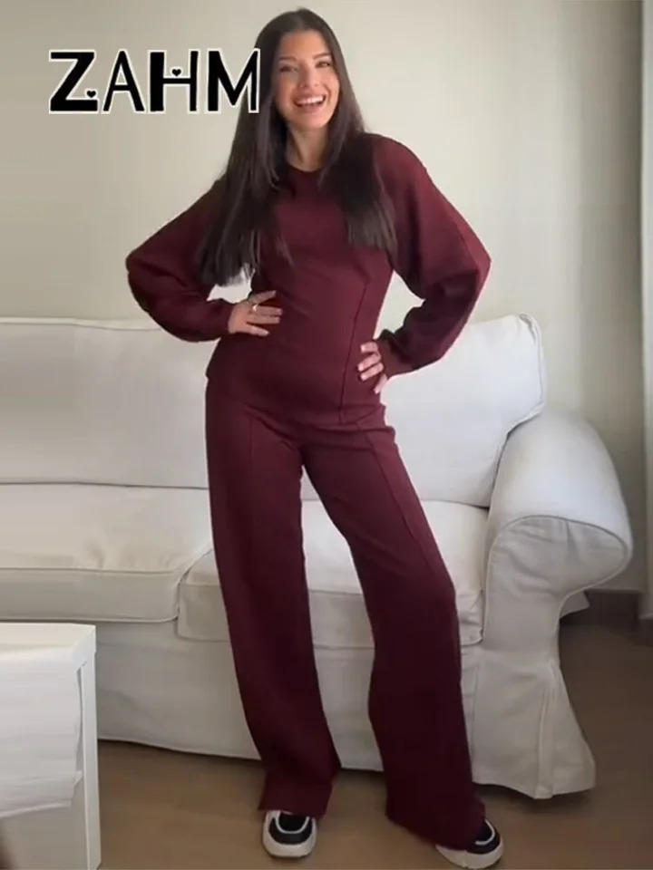Casual Burgundy Pullover Pants Sets Women Slim O-neck Puff Sleeve Top Wide Leg Trousers 2025 Autumn Lady 2 Pieces Sets 250804