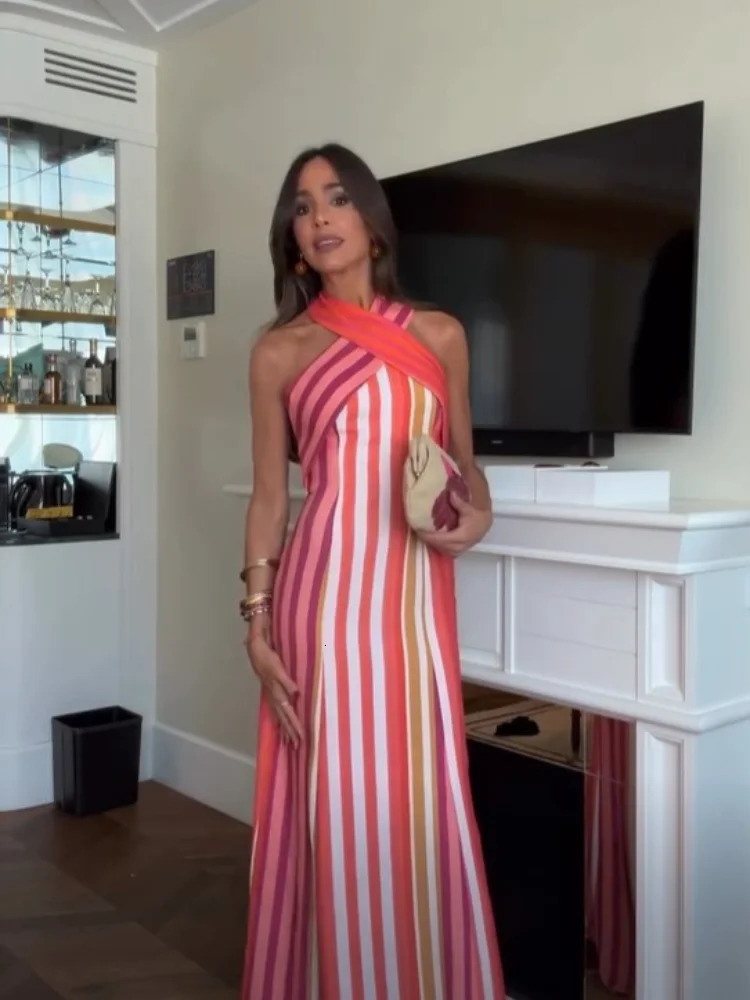 Contrast Color Stripe Sleeveless Halter Dress Summer Women Backless Lace Up Slim Long Dresses Lady Highstreet Party Robes 250728