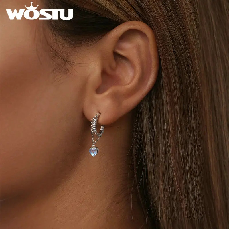 WOSTU 925 Sterling Rainbow Moonstone Heart Drop Link Earrings For Women Mystic Crystal Hoop Earrings Party Birthday Jewelry Gift 250805