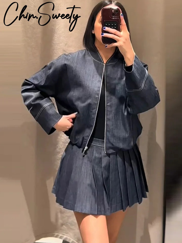 Street Denim Coat Mini Skirt Sets Women O-neck Long Sleeve Jacket Pleated Skirts Female Suit 2025 Spring Summer Lady Suits 250804