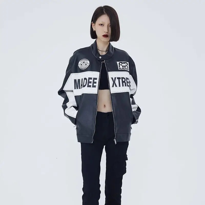 High street American retro color blocked embroidered motorcycle leather jacket for men and women hip hop jacket men clothing 250805