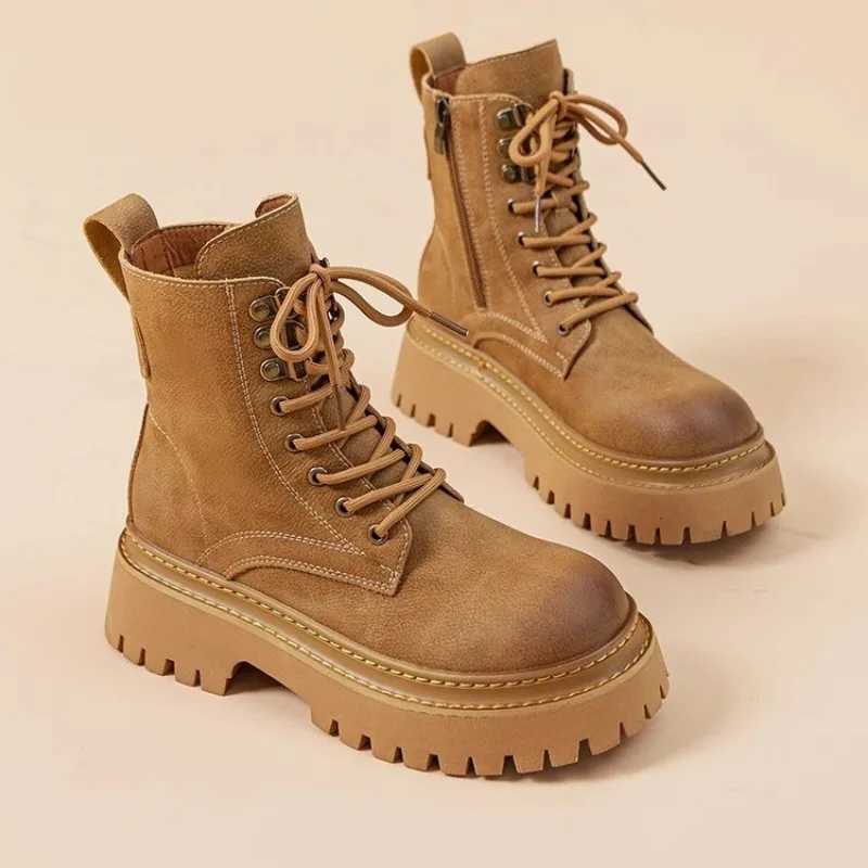 100% Genuine Leather Ankle Boots for Women Autumn Ladies Shoes Thick Heel Platform Motorcycle Boots British Work Short Botas XJ250807