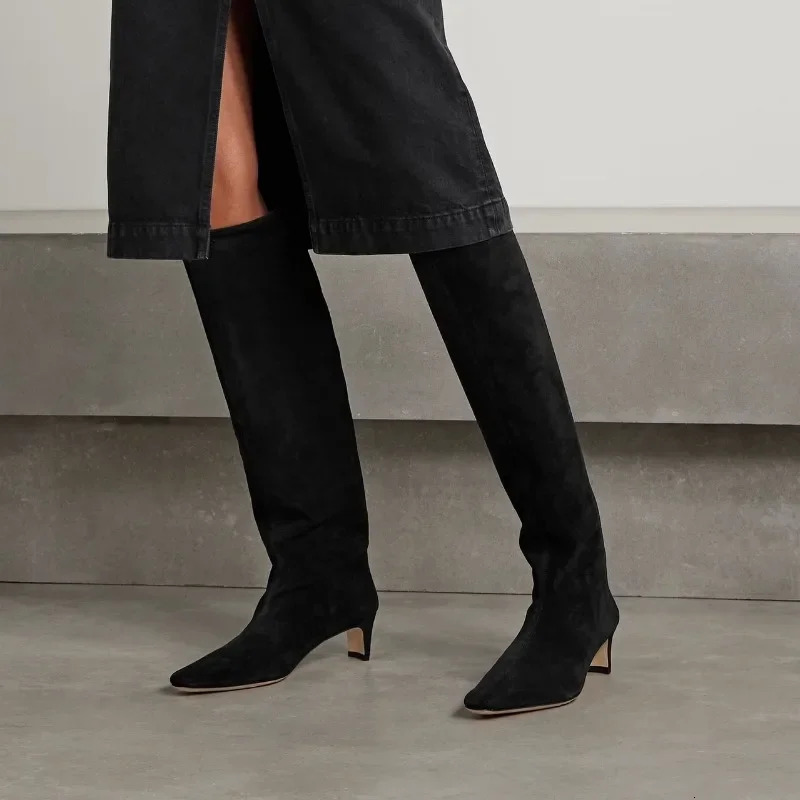 Autumn Winter Square Toe Low Heeled Suede Long Boots European and American Fashion Black Brown Minimalist Knee High Boots 250804