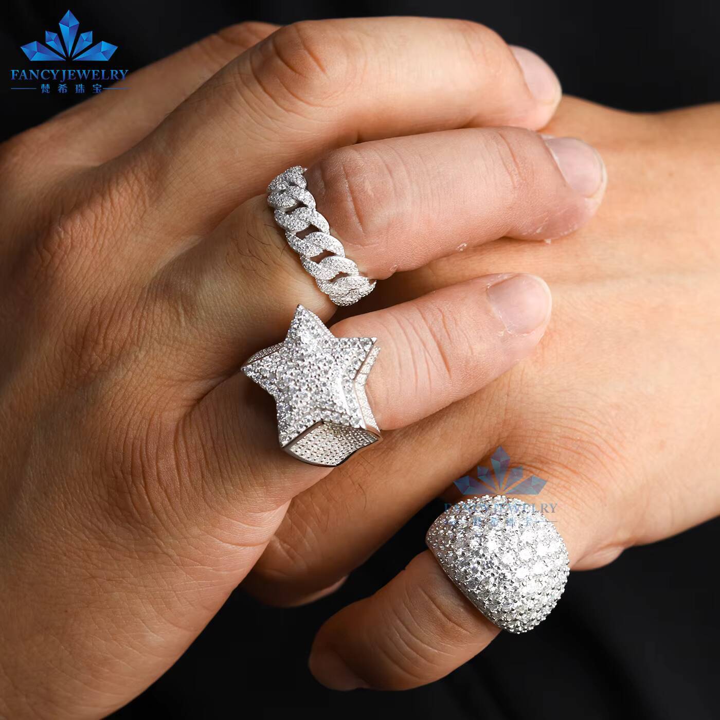 2025 Mens Womens Hip Hop Fine Jewelry 925 Sterling Silver VVS Moissanite Cluster Star Ring Iced Out Passd Diamond Tester