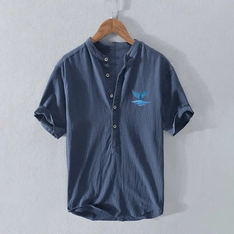 Mens Japanese Art Linen Blend Fashion Shirt Loose VNeck Button Short Sleeve Printed Top Camisas Acogedoras Ropa De Hombre 250807