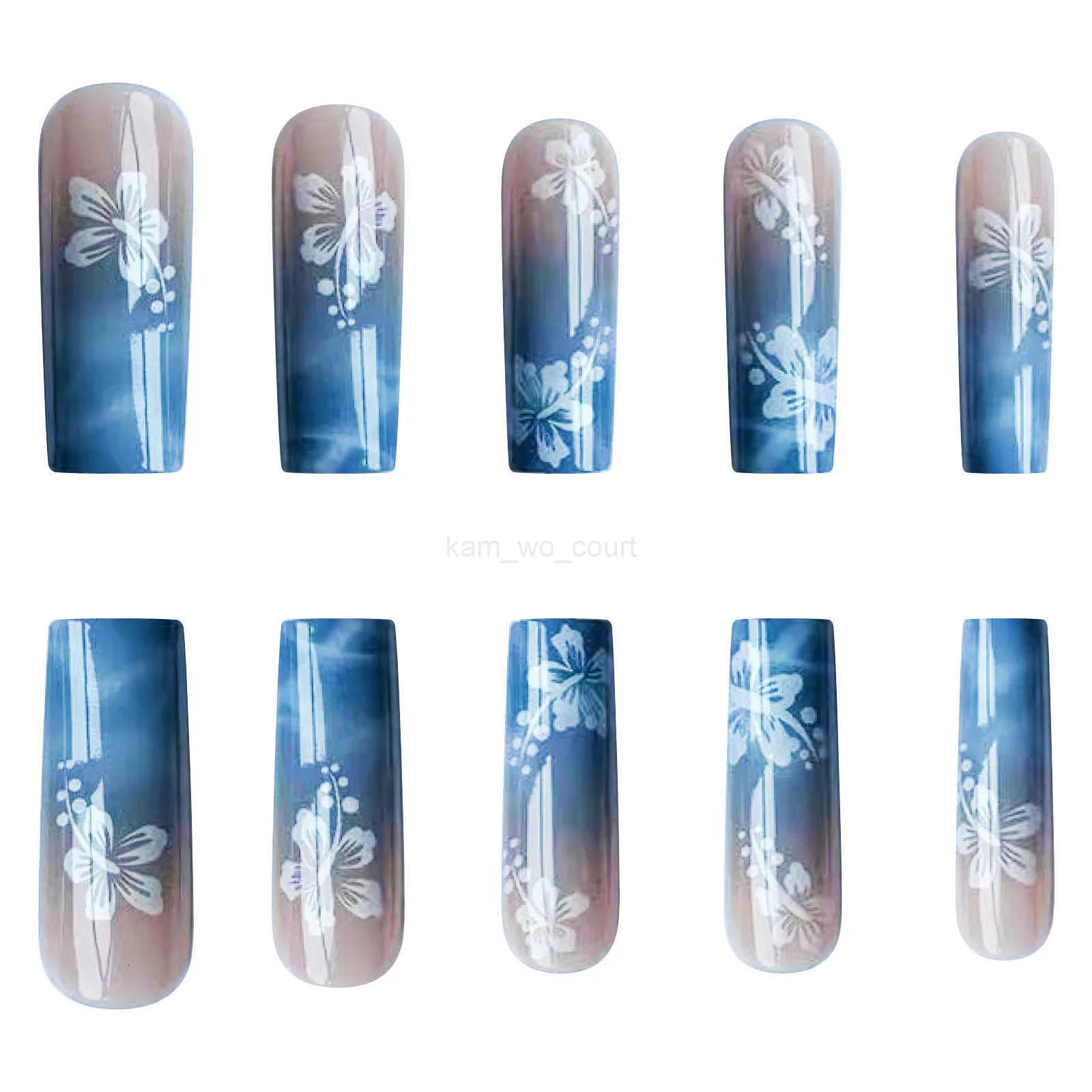 24pcs Y2K Summer Sea Blue Gradient Fake Nails with Water Ripples Designs Long Square Coffin False Nails Set Press On Nail Tips M250807