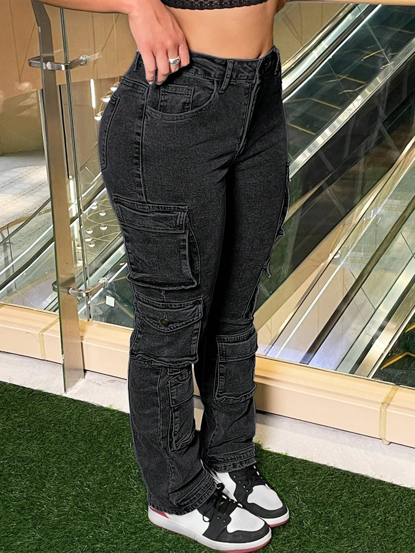 Women Y2K Street Cargo Style Slim-Fit Jeans Stretchy Button Zipper Side Pockets Casual Fashion Comfortable Denim Pants-Black 250804