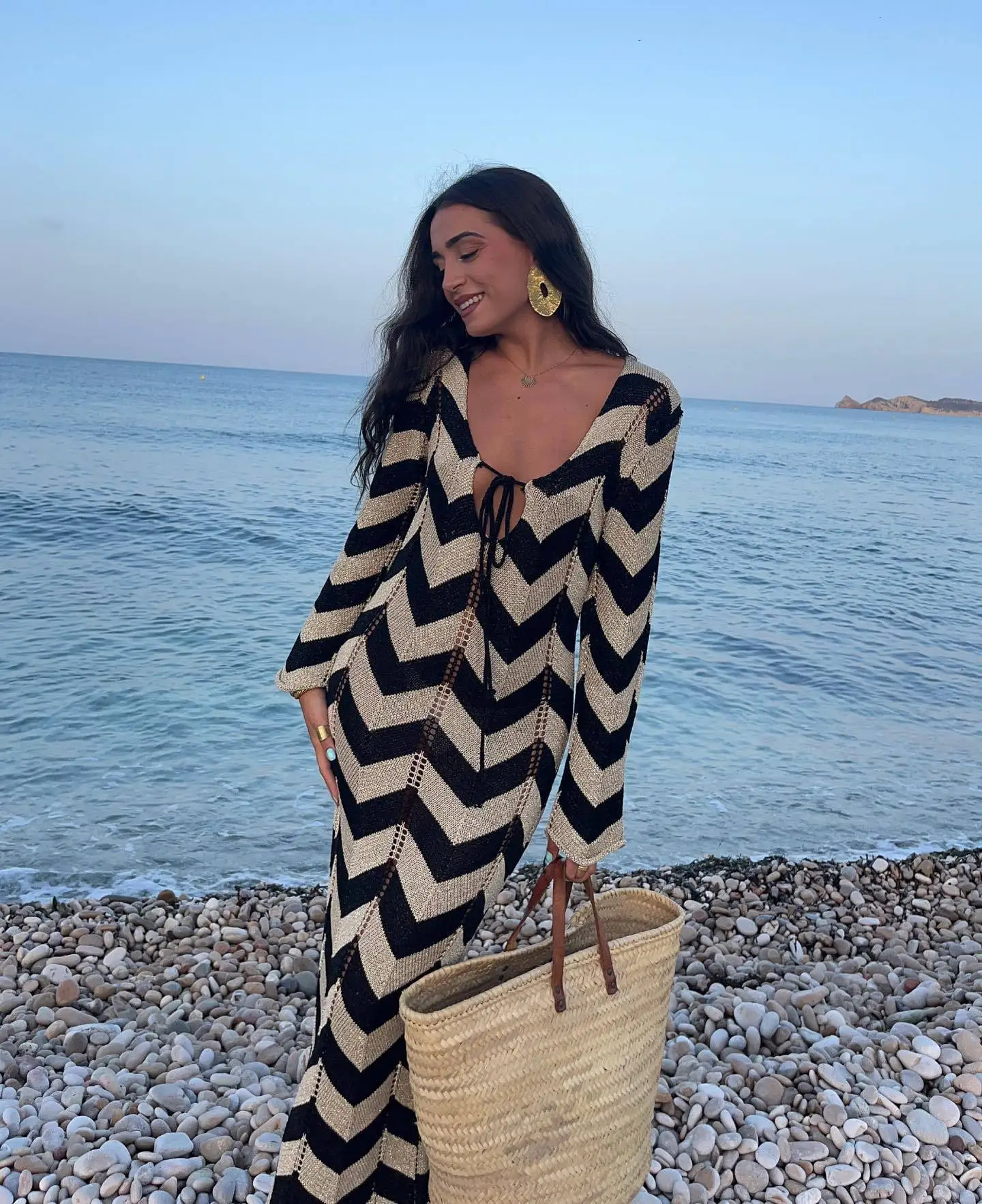 DRC Womens Stripled Long Sleeve Slim Elegant Knitted Maxi Dress V Neck Autumn Lace Up Hollow Sexy Beach Cover Up Dress 250805