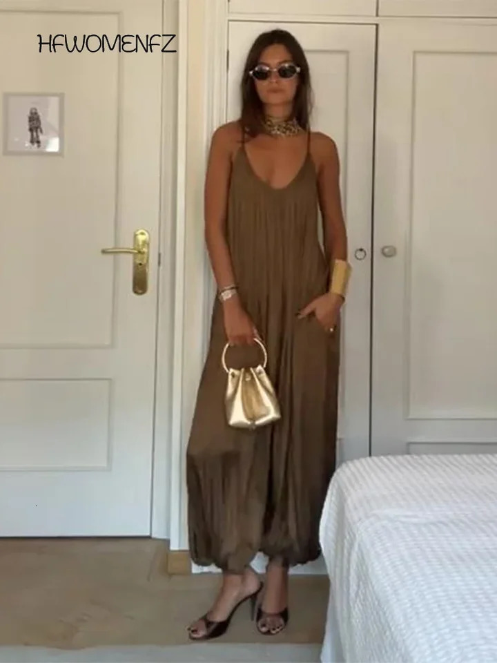 Casual Solid Slip Jumpsuit Women Vintage Brown Pleated Loose Wide Leg Jumpsuits Female 2025 Fashion Summer Street Lady Pants 250804