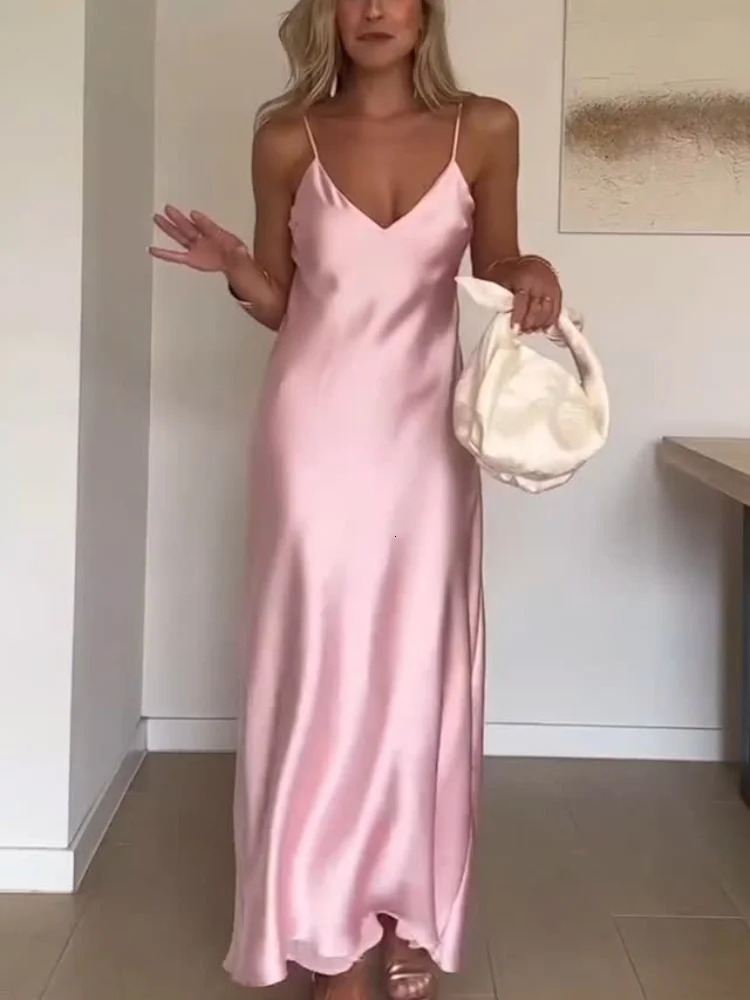 Women Off Shoulder Pink Satin Maxi Dresses Fashion Sleeveless Backless Bodycon Hollow Out Gowns Female Evening Party Robes 2025 250806