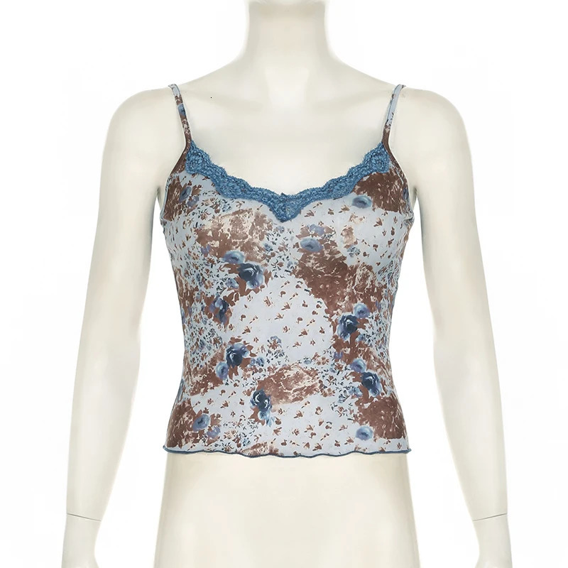 SUCHCUTE Y2k Vintage Lace Patchwork Floral Printing Tank Tops Slim Camisole Fairycore Beach Sexy Camis Summer Clothes 250807