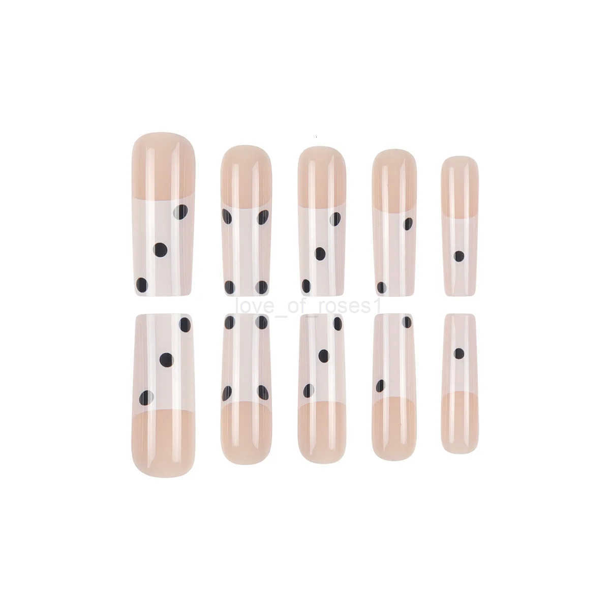 24-Piece Coffin-Shaped Extra Long ABS Fake Nails Black Spots French Pressed Design with Square Pattern for Fingers Z250807