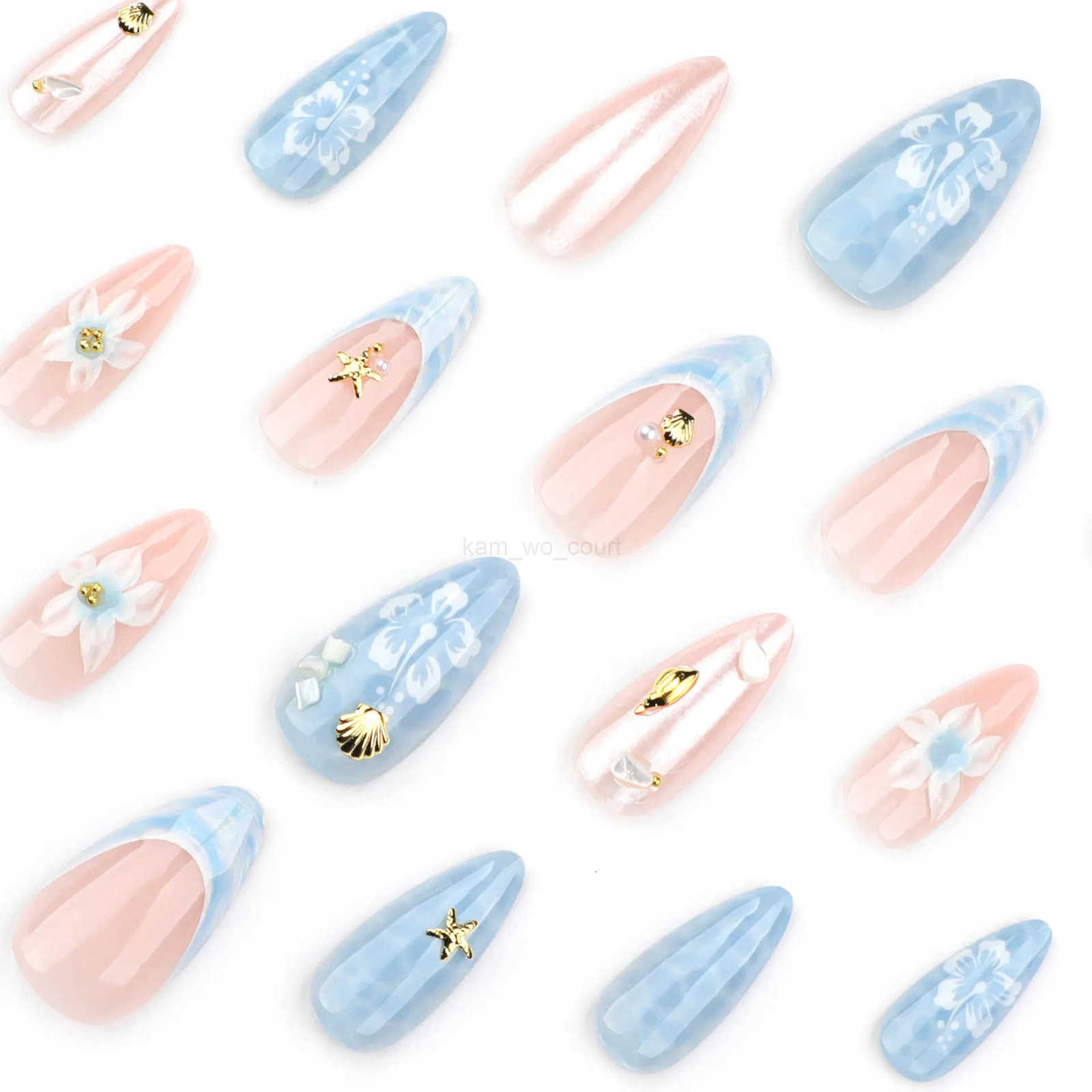 24pcs Light Blue False Nails Summer Beach Style Seashell Starfish Flower Pattern Press On Nails Smudging French Almond Fake Nail M250807