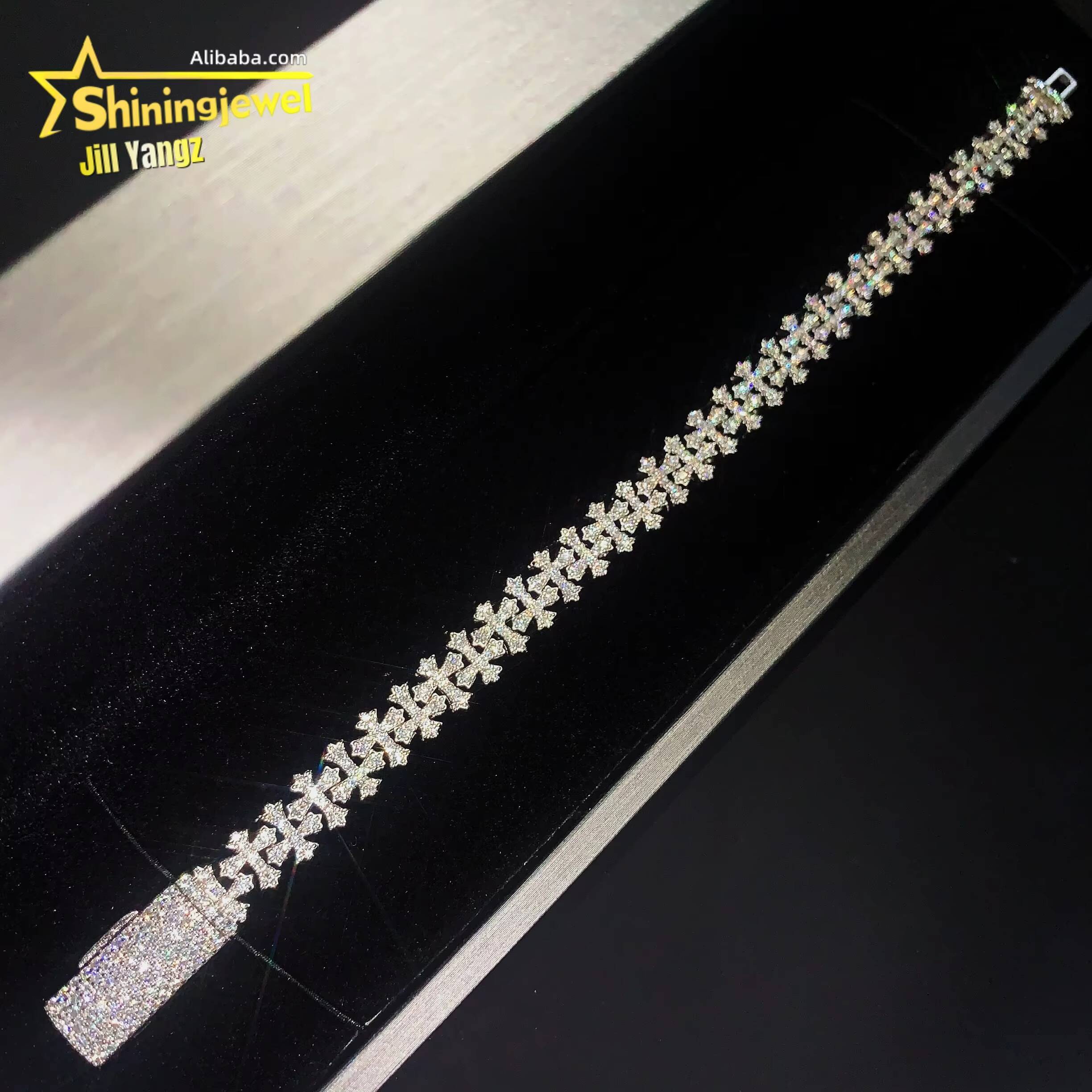 Cross Moissanite Cuban Bracelet Ready Stock Hip Hop Rock Moissanite 925 Silver Religious Jewelry Diamond Cuban Link Chain