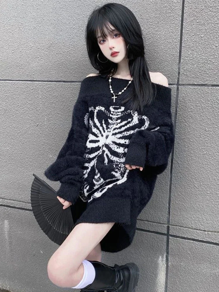 KOSAHIKI Grunge Sweater Fashion Streetwear Y2k Aesthetic Blackpullover Skull Print Gothc Women Jumper Harajuku Loose Knitwear 250801