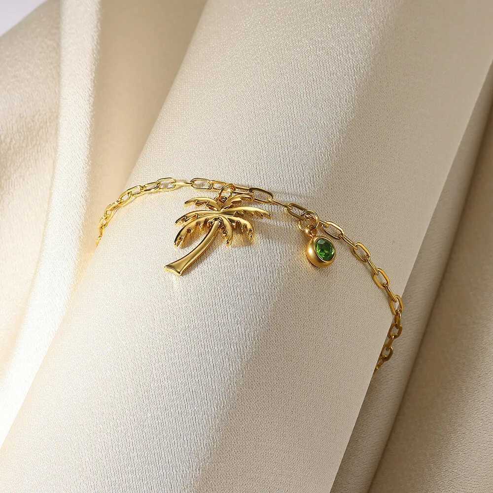 Coconut Palm Tree Birthstone Anklet Gold Plated Stainless Steel Chain Anklets For Women Girls Summer Jewelry Birthday Gift Y250805