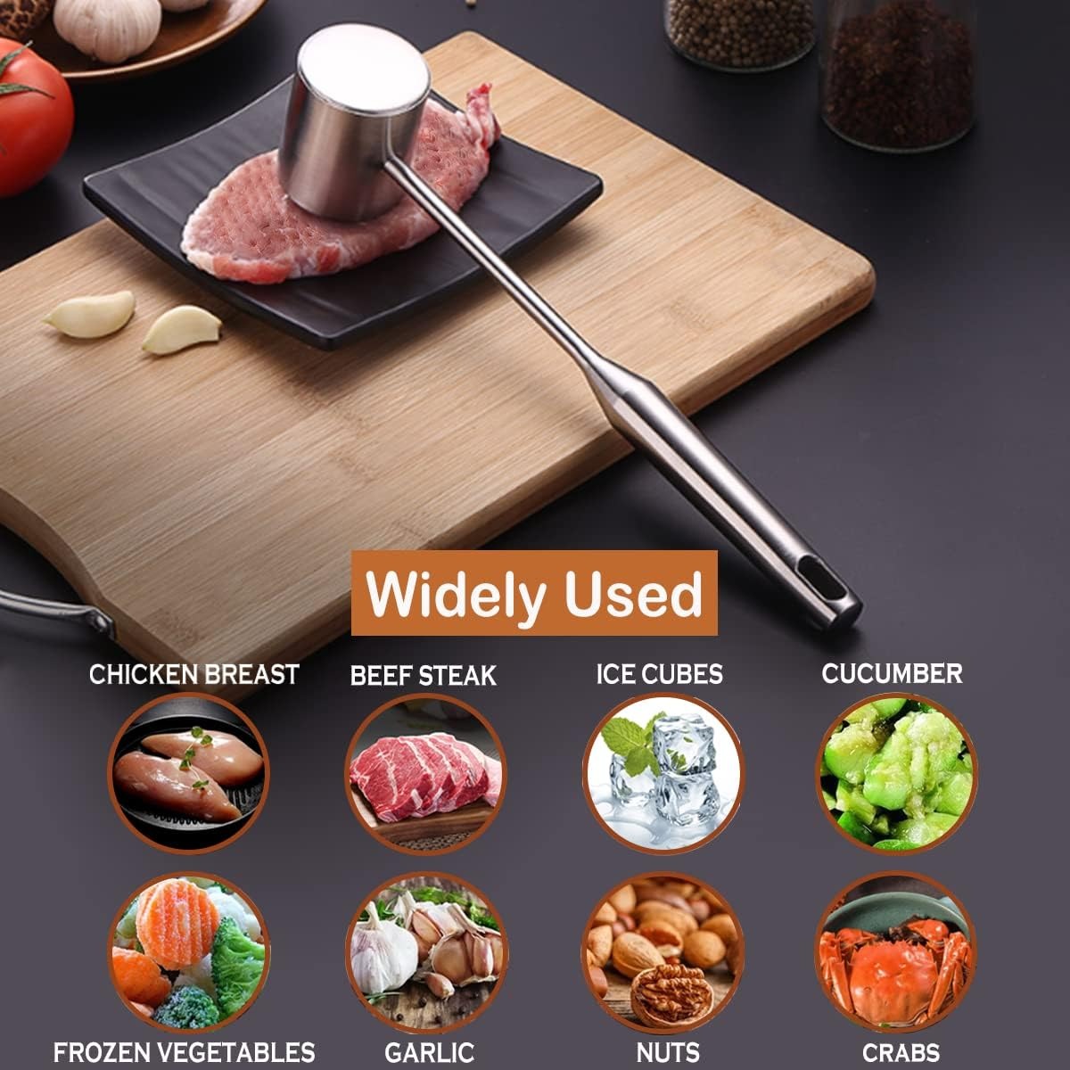 ICEDOG-304 Stainless Steel Meat Tenderizer Mallet Dual-Sided Textured Flat Meat Hammer Heavy Duty Beef/Poultry Pounder for Steak Chicken Dishwasher Sa