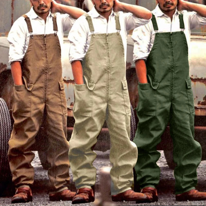 Mens Retro Bib Loose Large Size Fashion Casual Brown Green Painter Workwear Jumpsuit Autumn And Winter Trousers Adjustable 250804