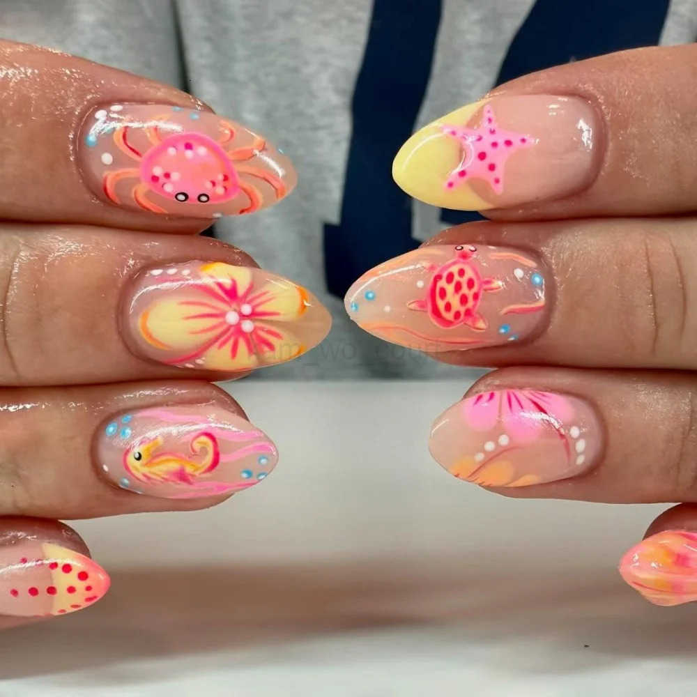 24pcs Cute False Nails Ocean Creature Pattern Stick on Nails Yellow French Short Almond Fake Nails Flower Design Press on Nails M250807