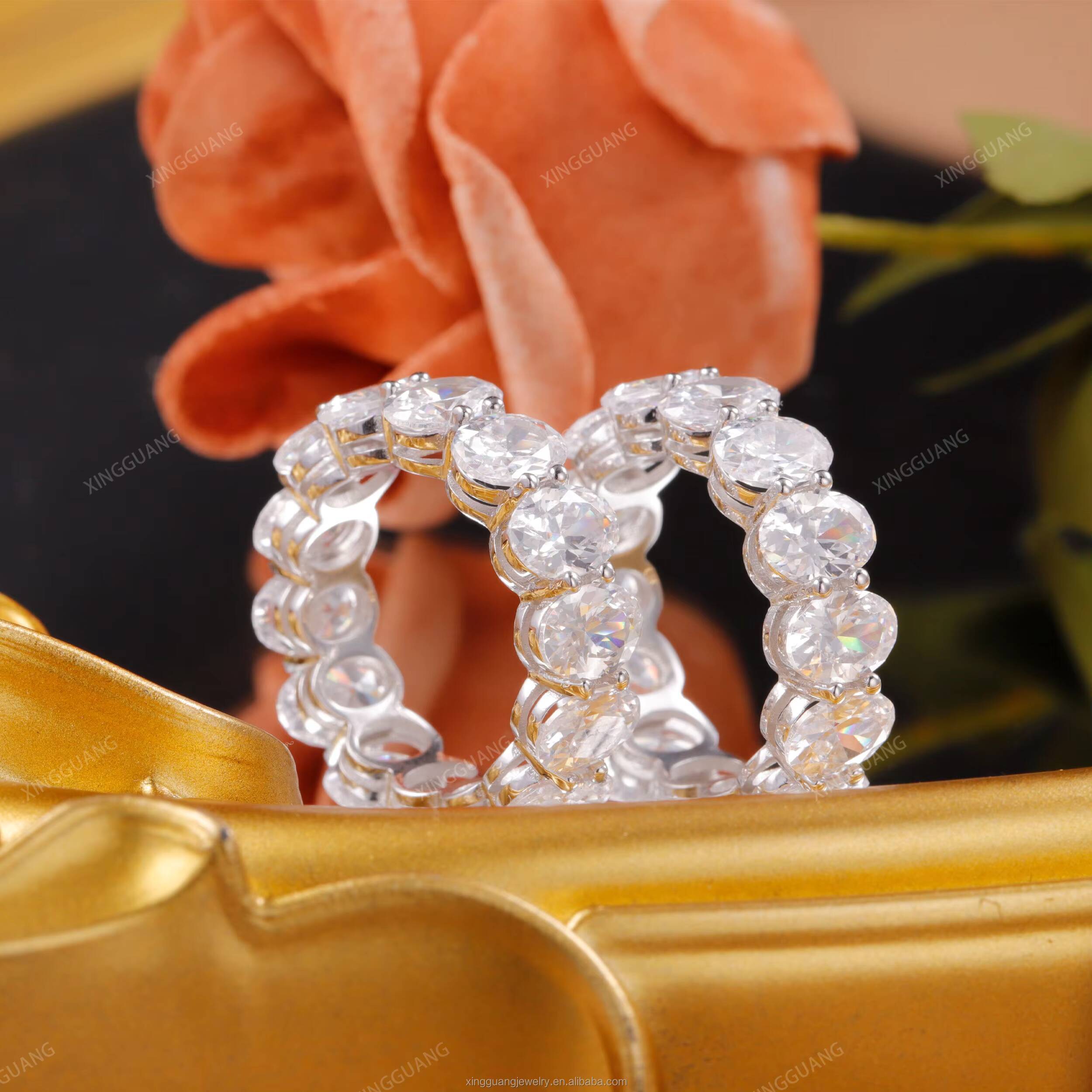 XingGuang New Arrival 4*6mm 0.5CT Oval Cut Moissanite 14K Soild White Gold Wedding Rings Eternity Band Jewelry