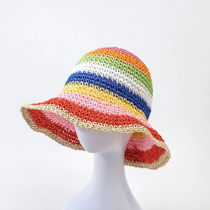 Summer Rainbow Striped Bucket Hat Woman Crochet Beach Fisherman Hat Foldable Handmade Weave Sun Hat Female Panama Wholesale 250805