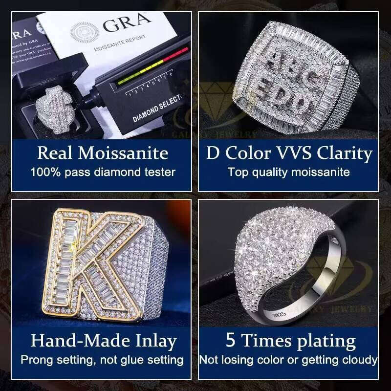 Hip Hop Iced Out Ring VVS Baguette Moissanite Real Gold Plated Men Jewelry Sterling Sier Rings